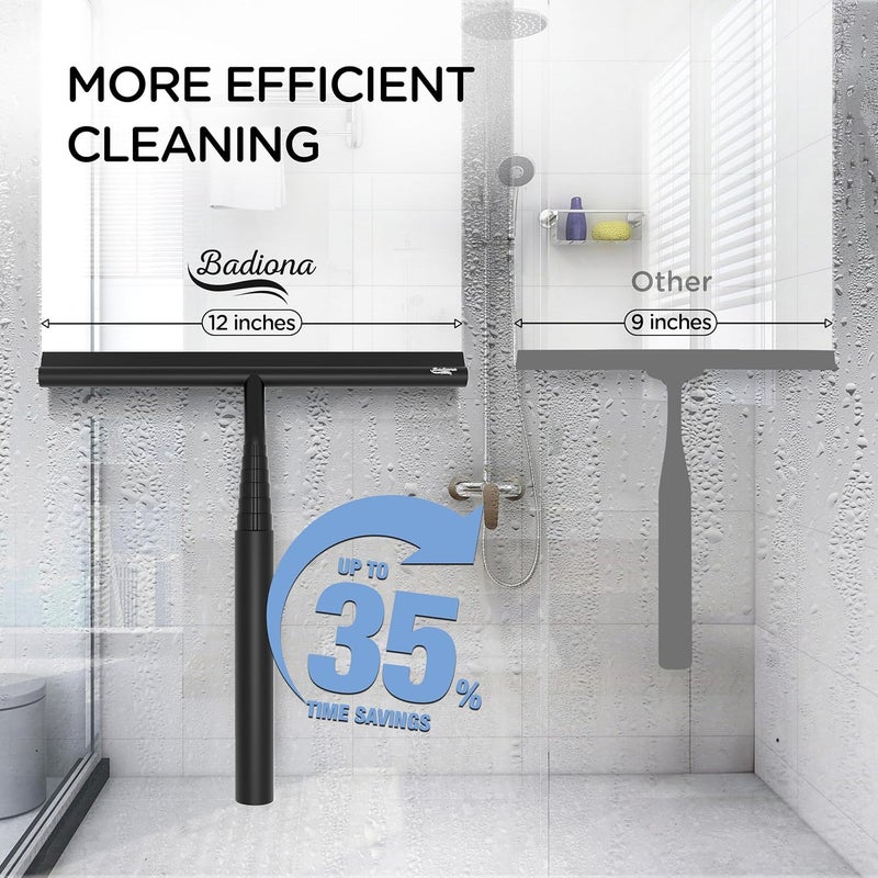 BADIONA Telescopic Shower Squeegee Black - With Suction Hook & up to 100 cm I Shower squeegee for glass doors Cleaner squiggy for tile and walls Bathroom squeeze for door Long handle sweep & squeegees - Image 3